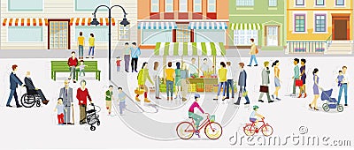 City with pedestrians and families in free time, car-free zone, illustration Vector Illustration