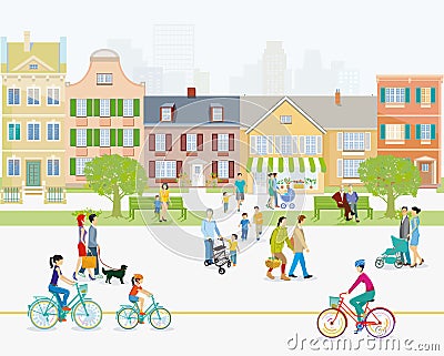 City with pedestrians and families on the sidewalk Vector Illustration