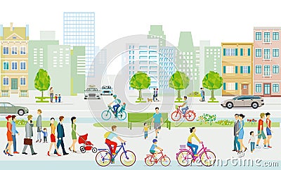 City with pedestrians and families on the sidewalk Vector Illustration