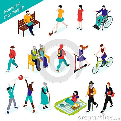 City People Isometric Set Vector Illustration