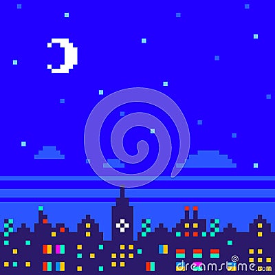 Pixel City Skyline At Night Vector Illustration