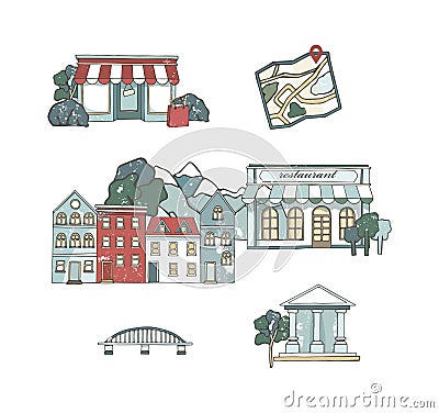 City places set with buildings in flat design. Cafe restaurant, music theater, house, Cathedral, barn, museum, mill, station, Cartoon Illustration