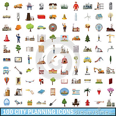 100 city planning icons set, cartoon style Vector Illustration