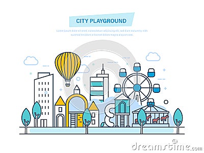 City playground. Public park with children playground. Urban outdoor elements. Vector Illustration