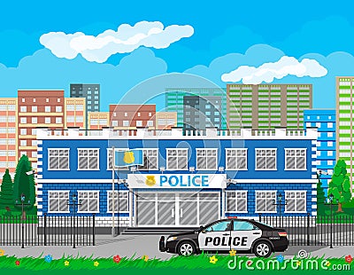 City police station, car, tree, cityscape Vector Illustration