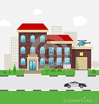 City Police Station Department Building in Landscape Vector Illustration