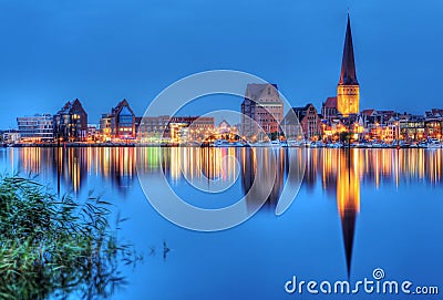 City port of Rostock by night Stock Photo