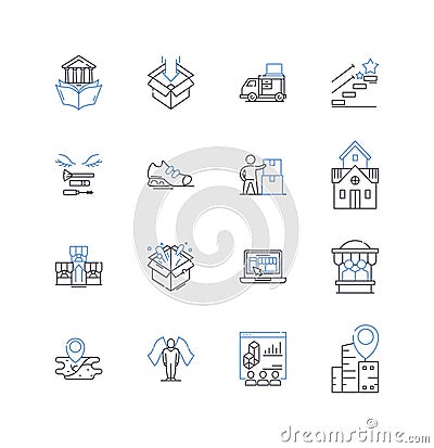 City postal services line icons collection. Delivery, Mailbox, Courier, Postage, Sorting, PO Box, Stamps vector and Vector Illustration