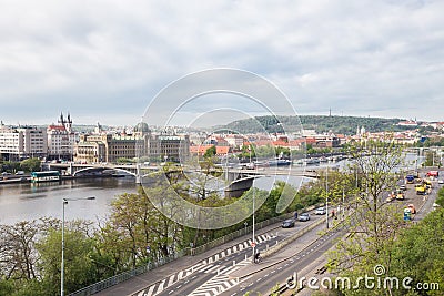 City Prague, Czech Republic. Old buildings and street view. Vltava river and bridge. Travel photo 2019. 26. April Editorial Stock Photo