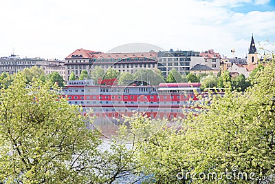 City Prague, Czech Republic. Old buildings and street view. Vltava river with ship. Travel photo 2019. 26. April Editorial Stock Photo