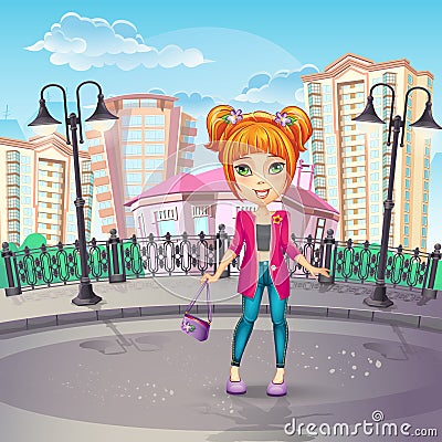 City promenade with a teen girl in a pink jacket Vector Illustration