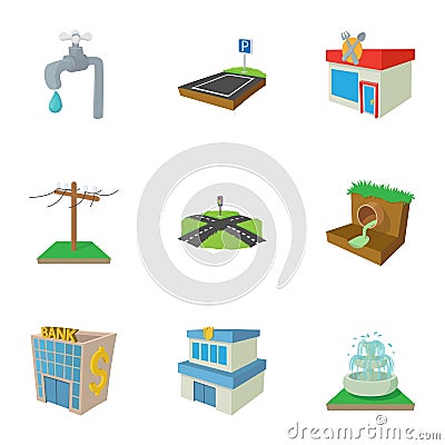 City public buildings icons set, cartoon style Vector Illustration