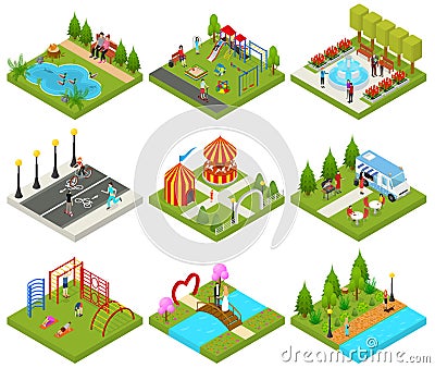 City Public Park or Square Objects Set Icons 3d Isometric View. Vector Vector Illustration