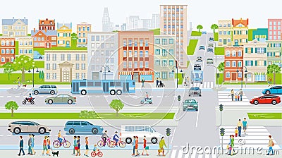 City with public transport, pedestrians and road traffic, illustration Vector Illustration