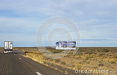Puerto Madryn. Argentina. highway. Punta tombo Billboard. Stock Photo