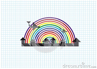 City, rainbow, airplane Vector Illustration