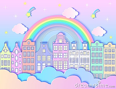 City, rainbow,stars, and clouds. Vector Illustration