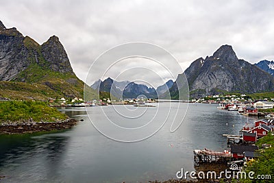 The city of Reine in Lofoten/Norway. Long exposure shot with overcast scenery Stock Photo