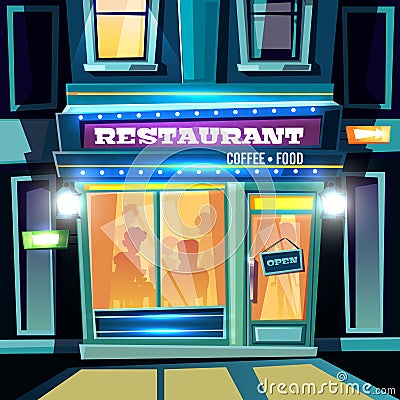 City restaurant facade at evening cartoon vector Vector Illustration