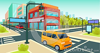 City road perspective view. Highway road with city skyline, nature landscape. urban landscape motorway with cars bus Vector Illustration