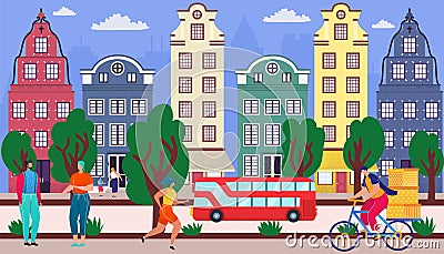 City road, town street with house, vector illustration. Flat man woman character walk near urban building design, modern Vector Illustration