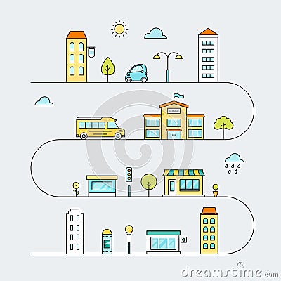 City Roads with Streets, Transport, School, Houses and Shops. Vector Outline Colored Illustration Vector Illustration