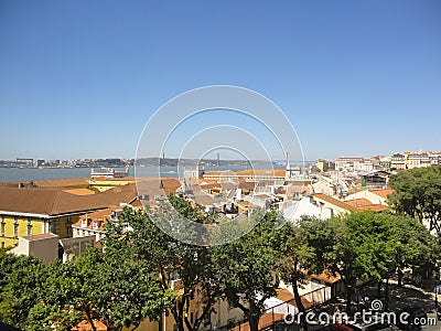 City roofs ocean trees buildings Stock Photo