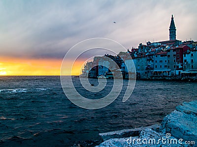 The city of Rovinj, Croatia Adrian sea in sunset, with the town clearly visible Stock Photo