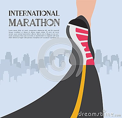 City running marathon. athlete runner feet running on road closeup on shoe in skyscraper city landscape background Vector Illustration