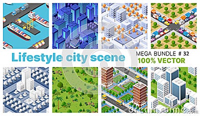 The city's lifestyle scene set illustrations on urban themes with houses, cars, people, trees and parks. Vector Illustration