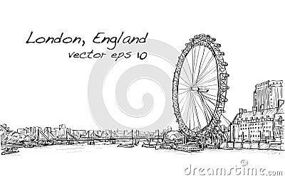 City scape drawing London eye and bridge, river, illustration Vector Illustration