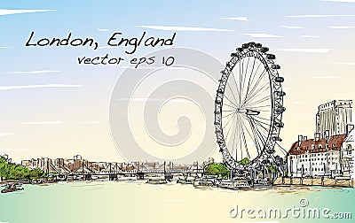 City scape drawing London eye and bridge, river, illustration Vector Illustration