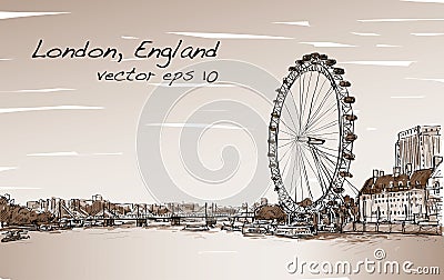 City scape drawing London eye and bridge, river in Sepia tone Vector Illustration