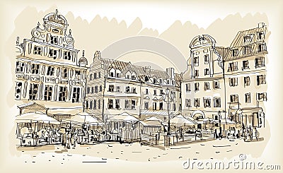 City scape drawing sketch in Poland downtown vector Vector Illustration