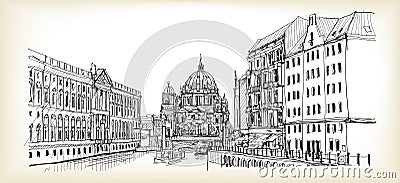 City scape in Germany. Berlin Cathedral. Old building hand drawn Vector Illustration