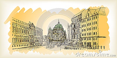 City scape in Germany. Berlin Cathedral. Old building hand drawn Vector Illustration