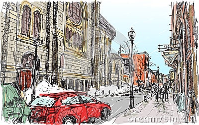 City scape sketch of town street in Quebec Canada with snow Vector Illustration