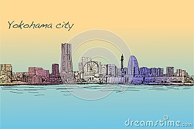 city scape skyline of Yokohama in Japan free hand drawing, vector and illustration Cartoon Illustration