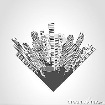 City scene. Cityscape. Silhouette of skyscrapers on a white background. Monochrome buildings. Round design. Vector Illustration