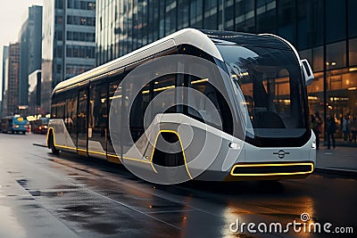 City scene with a futuristic robot driving a modern bus Stock Photo