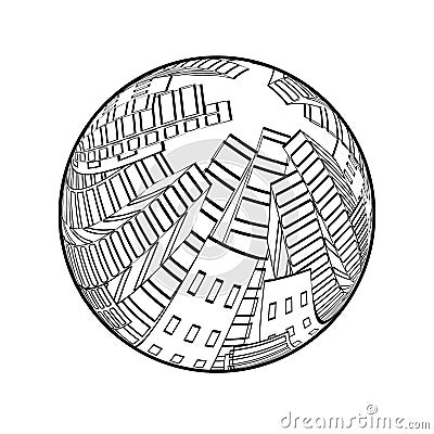 City scene in the globe. Cityscape. Silhouette of skyscrapers. Monochrome buildings. Round design. Vector Illustration