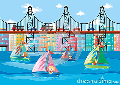 City scene with kids sailing and cars on bridge Vector Illustration