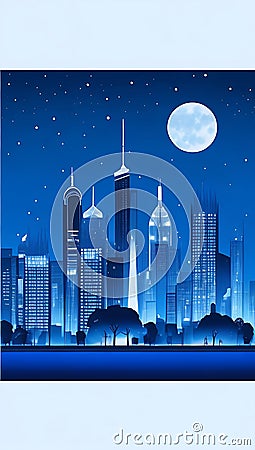 City scene on night time, cityscape blue pattern on white background, AI Generative Illustration Graphic Design Art Icon Symbol Stock Photo
