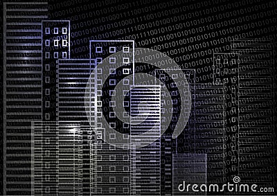 City scene on night time. Cityscape. Illuminated skyscrapers on a black background. Blue white black color. Vector Illustration