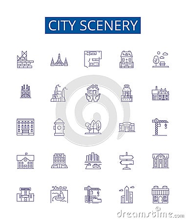 City scenery line icons signs set. Design collection of Urban, Buildings, Streets, Skyscrapers, Night, People, Skyline Vector Illustration