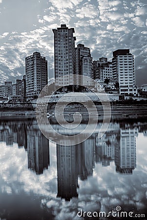 City scenic with building reflection Stock Photo