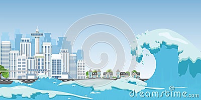 City on seashore destroyed by Tsunami waves Vector Illustration