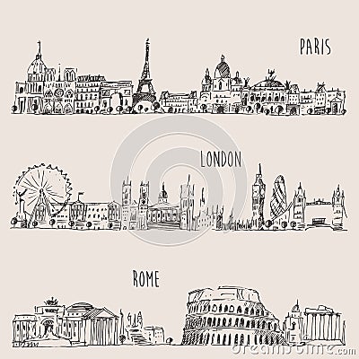 City Set London, Paris, Rome Engraved Illustration Vector Illustration