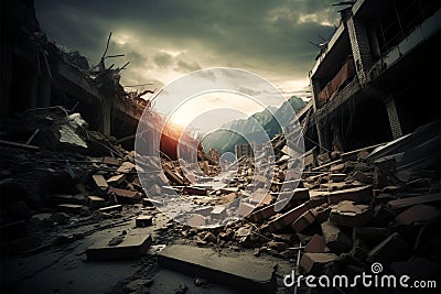 City in shambles Earthquake disaster leads to widespread destruction and ruins Stock Photo