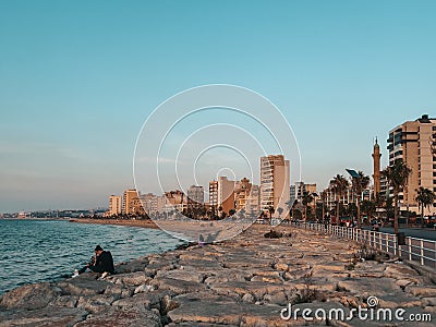 The city of Sidon in Lebanon. Sidon Sea Castle, built by the crusaders - Saida corniche and building. Sidon sea at sunset Editorial Stock Photo